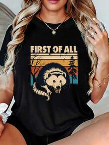 Women's Vintage Raccoon Print T-Shirt - Women's Retro Style Loose Fit T-Shirt, Soft Casual Top, With Distressed Letter Prints And Landscapes, A Great Choice For Breathable Summer Tops For Women. - 黑色 - 查看 12