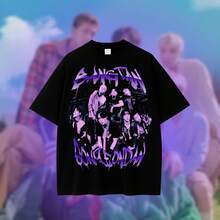 K-POP Printed Top With A Unique Pattern Design, Soft Round Neck, Short Sleeves, Breathable, Comfortable, Casual And Versatile, Popular For Everyday Wear. Women's Shirts, Women's Sweatshirts, Women's Casual Sweater Blouse, Summer Dresses, Prom Dresses - 黑色 - 查看 6