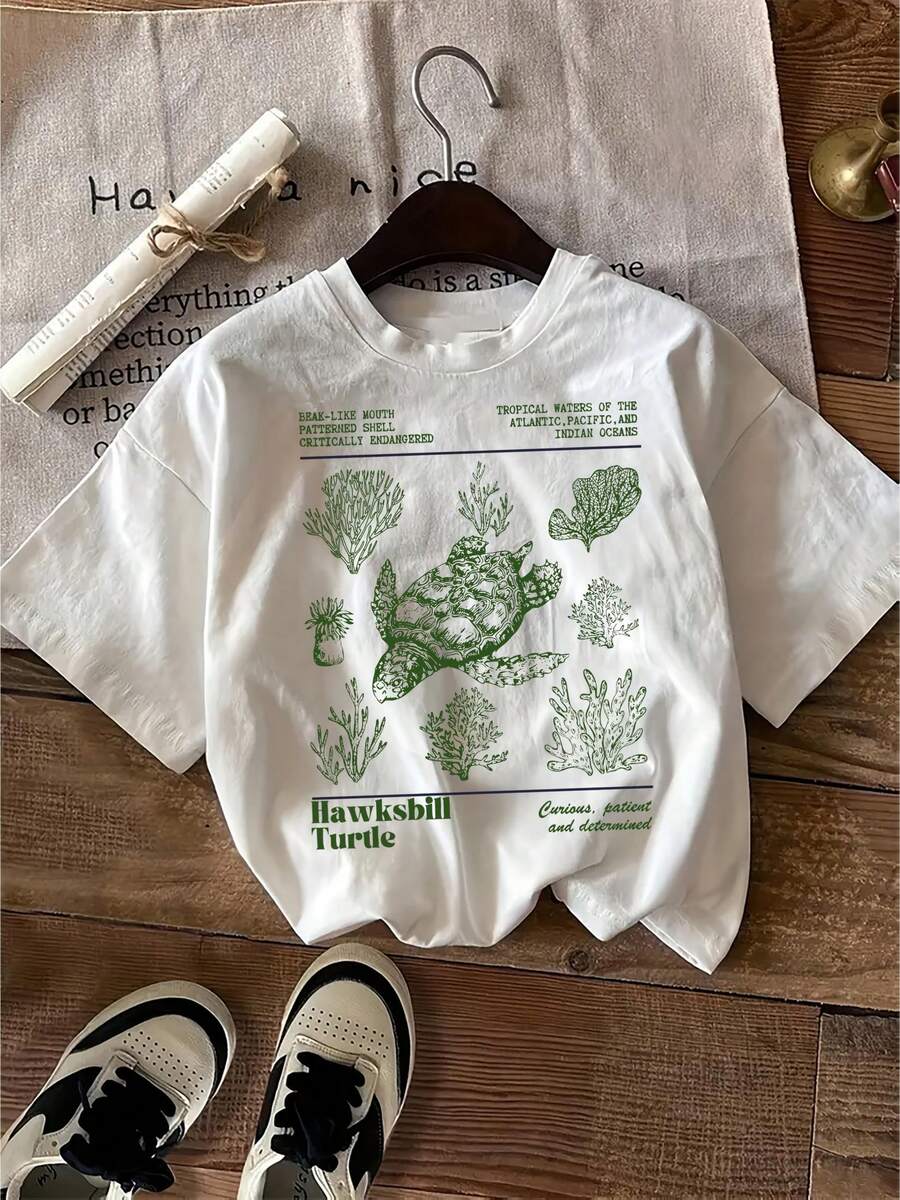 Viscose T-Shirt With Turtle Graphic, 1 Piece, Casual Viscose T-Shirt - Turtle Graphic Print, Crew Neck, Short Sleeve, Medium Stretch Knit Fabric, Regular Fit - 黑色 - 查看 1