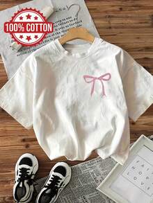 Camiseta informal de manga corta y cuello redondo para mujer - con un lindo estampado de lazo rosa, top ligero de verano, lavable a máquina, tejido versátil y cómodo, camiseta informal pura para mujer - Blanco - Ver 2