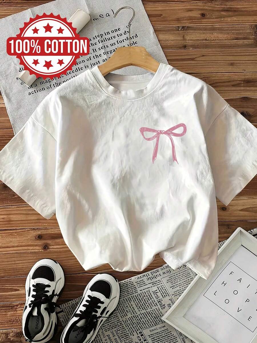Camiseta informal de manga corta y cuello redondo para mujer - con un lindo estampado de lazo rosa, top ligero de verano, lavable a máquina, tejido versátil y cómodo, camiseta informal pura para mujer