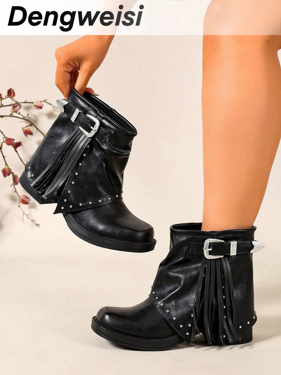 Black Striped Buckle Tassel Rivet Punk European And American New Chunky Heel Square Toe Comfortable Versatile Vacation Street Office Commute Daily Casual Ankle Boots For Women, Suitable For All Seasons - Black - View 1