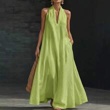 Women's Solid Casual Dress Summer 2026, Elegant Loose V-Neck Mini Midi Dress For Everyday Wear - 軍綠色 - 查看 3