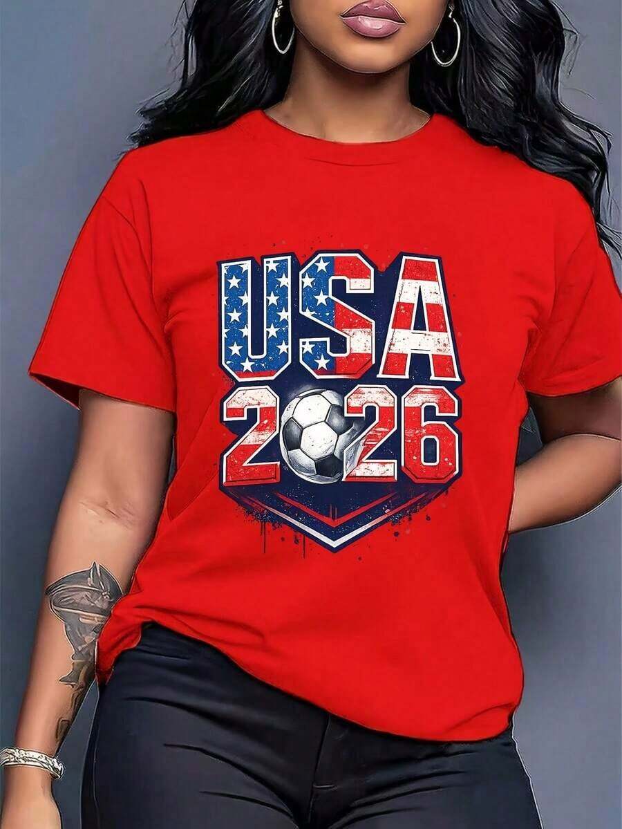 [Officially Licensed By The World Cup] 2026 World Cup Themed Short Sleeve T-Shirt, Football Themed Short Sleeve T-Shirt, Urban Style Print Design, Summer Top, Must-Have For Fans, Unisex Style Suitable For Couples, Perfect As A Birthday Gift For Boyfriend, Versatile And Comfortable For Summer, Unisex T-Shirt. - 紅色 - 查看 1