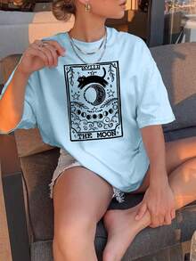 Nueva Camiseta de Moda para Mujer con Cuello Redondo, Estampado de Luna y Gato Negro con Combinaciones de Letras y Estrellas: Crea sin Esfuerzo un Look Dulce y Casual. Perfecto para el tiempo libre de verano. Desplazamientos Diarios. Salidas informales. ¡Y Vacaciones! Diseño versátil listo para el verano. - Negro - Ver 4