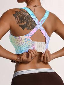 Dreamy Rainbow Leopard Print Criss-Cross Sports Bra, Sweet And Stylish, Supportive, Suitable For Fitness And Casual Wear, Gradient Color With Niche Design - Multicolor - View 2