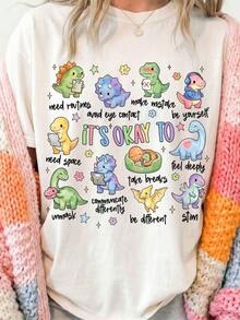 This Casual Short-Sleeve Crew Neck T-Shirt Features An Autism-Inspired Dinosaur Print With The Phrase "Be Yourself, It's Okay," Making It Perfect For Spring And Summer. Breathable And Comfortable Women's T-Shirt - 白色 - 查看 1