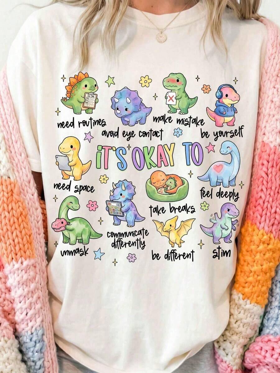 This Casual Short-Sleeve Crew Neck T-Shirt Features An Autism-Inspired Dinosaur Print With The Phrase "Be Yourself, It's Okay," Making It Perfect For Spring And Summer. Breathable And Comfortable Women's T-Shirt - 白色 - 查看 1
