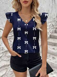 Blusa informal de mujer con cuello en V y decoración de lazo, adecuada para el verano - Multicolor 4 - Ver 1