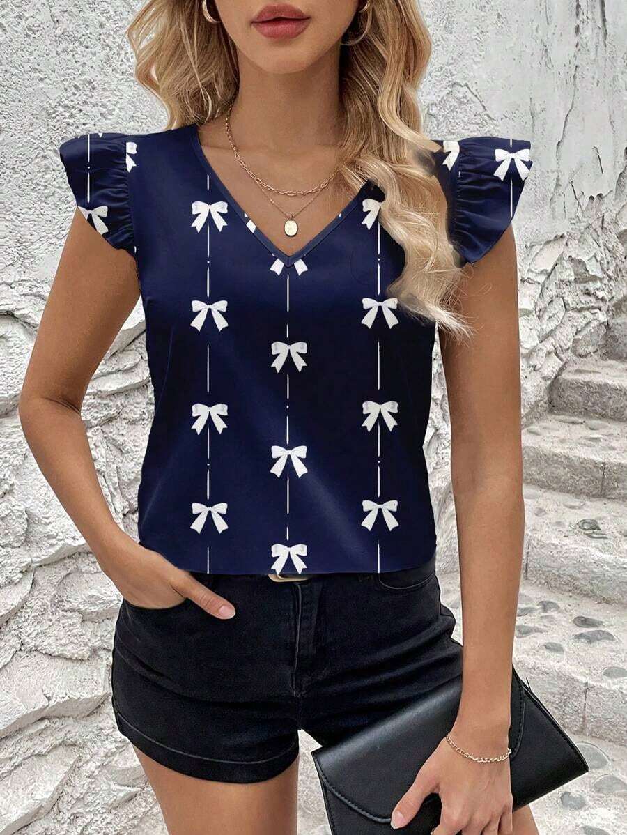 Blusa informal de mujer con cuello en V y decoración de lazo, adecuada para el verano - Multicolor 4 - Ver 1