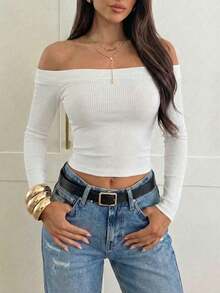 Blusa de manga larga ajustada con hombros descubiertos y acanalada, casual de primavera/verano  en color negro - Blanco - Ver 2