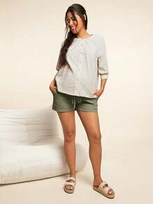 Pantalones Cortos Casuales De Verano De Maternidad Con Cintura Ajustable - Verde militar - Ver 4