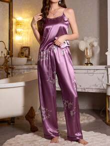 Conjunto de pijama con camisola y pantalones con estampado floral - Rojo violeta - Ver 2