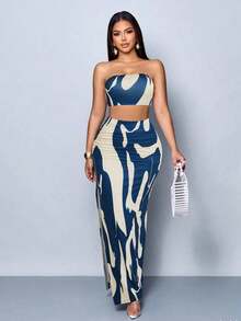 Vestido maxi elegante de fiesta con estampado de rayas abstractas y colores vibrantes, diseño ceñido y sexy, perfecto para salir, fiestas y vacaciones - Multicolor 11 - Ver 5