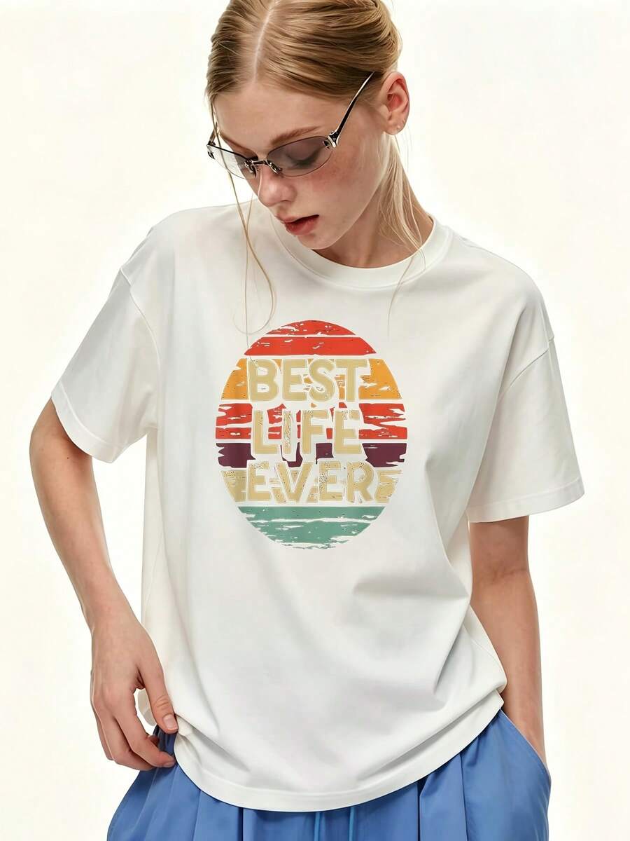 Camiseta de 180G para Mujer con Estampado Lo Mejor de una Vida, Manga Corta, Cuello Redondo, Corte Holgado Casual, Top de Verano, Regalo de Moda para Madres, Hermanas, Amigas, Reuniones Familiares, Eventos de Building de la Empresa 2024 - Camiseta Unisex de Algodón de Manga Corta y Cuello Redondo Estilo Vintage Urbano - Blanco - Ver 1