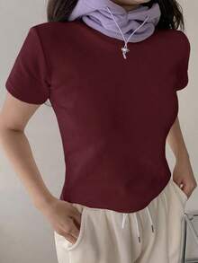 Camiseta de manga corta de cuello redondo de unicolor para verano - Burdeos - Ver 3
