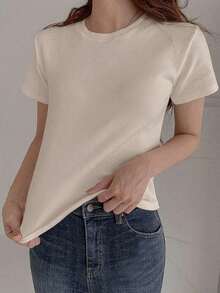 Camiseta de manga corta de cuello redondo de unicolor versátil y casual para el verano - Albaricoque 2 - Ver 4