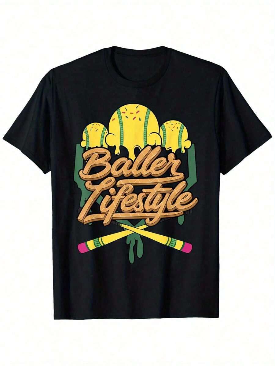 Camiseta con Estampado Novedad 2026, Camiseta de Estilo Béisbol para Niños - Negra con Estampado Gráfico Amarillo y Verde, Camiseta Casual Transpirable de Cuello Redondo para Primavera/Verano, Regalo Perfecto para Jóvenes, Camiseta de Béisbol, Camiseta de Ajuste Cómodo, Cómoda y Moderna, Multifuncional, Linda y Suave, Patrón Interesante, Camiseta de Verano a la Moda, Adecuada para Fiestas y Actividades Diarias al Aire Libre, Regalos de Navidad y Festivales. Tela Suave, Transpirable, 100% Algodón, Camiseta Gráfica para Mujer de Uso Diario. - Negro - Ver 1