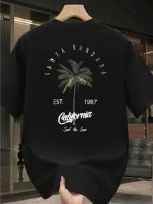 Santa Barbara Letter&Coconut Tree EST. 1987 Pattern Men'S And Women'S 100_ T-Shirt, Summer New Style Cool Print Short Sleeve T-Shirt 100_ Cotton - màu đen - Xem 1