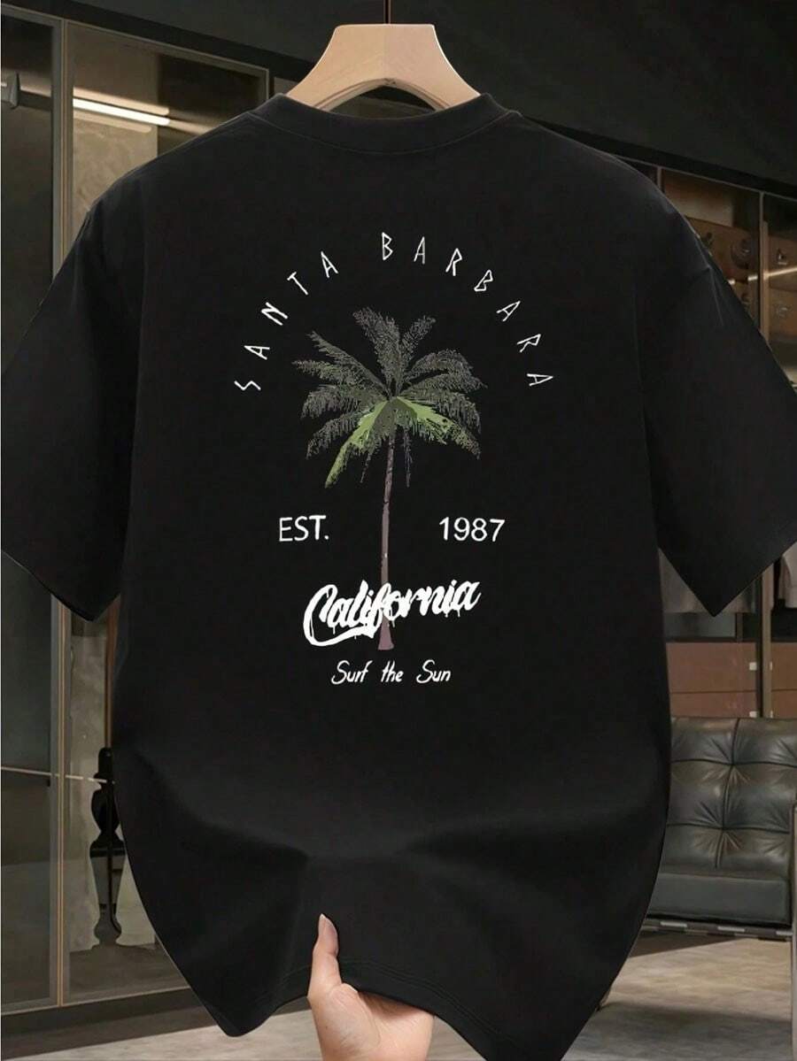 Santa Barbara Letter&Coconut Tree EST. 1987 Pattern Men'S And Women'S 100_ T-Shirt, Summer New Style Cool Print Short Sleeve T-Shirt 100_ Cotton - màu đen - Xem 1
