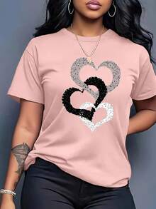 Camiseta de Verano para Mujer con Estampado de Corazones, Cuello Redondo y Manga Corta, Estilo Deportivo y Moderno para Todas las Temporadas - Blanco - Ver 6