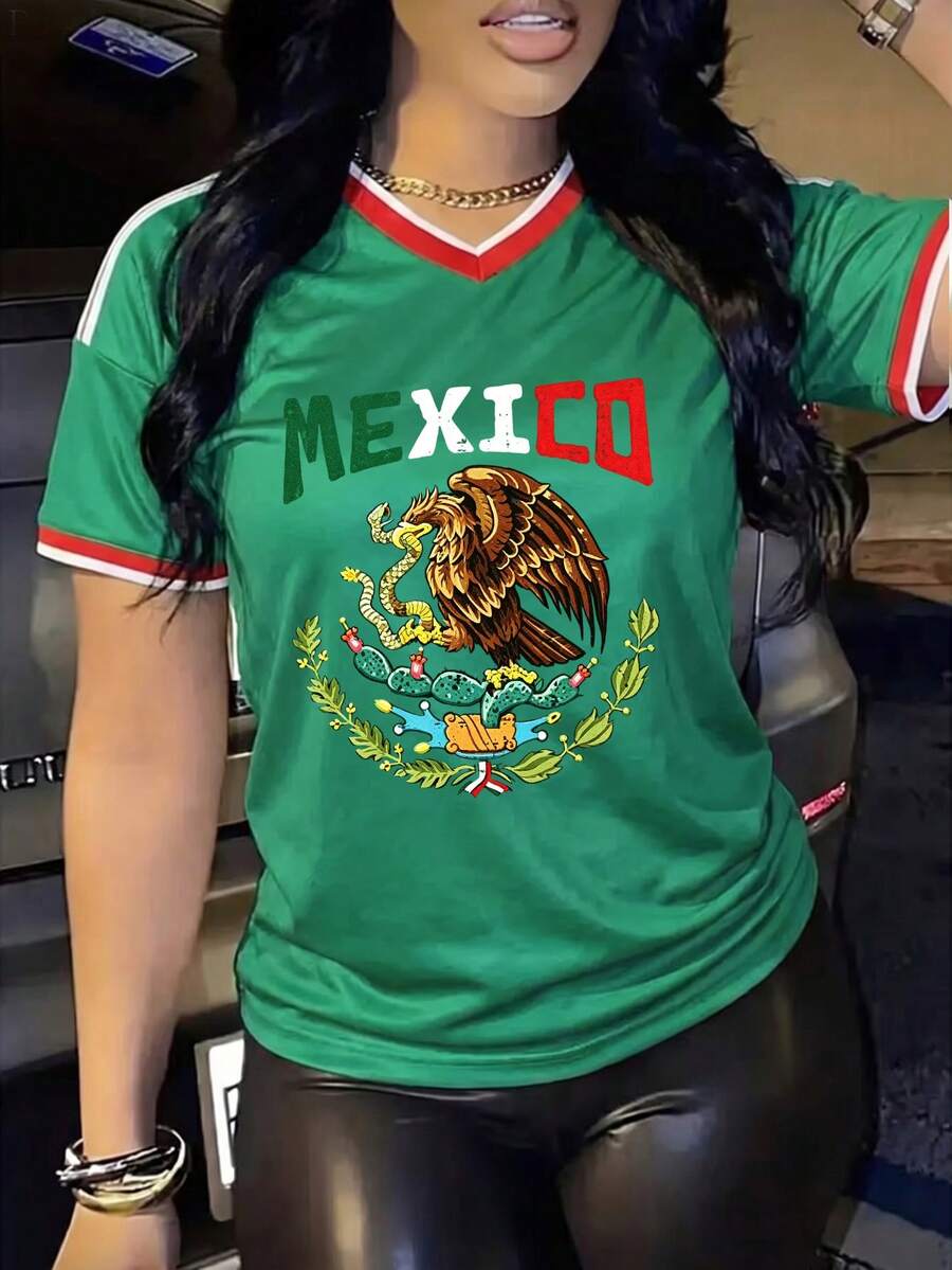 Jersey Deportivo para Mujer "México Escudo Nacional" - Camiseta Verde con Letras Tricolores y Rayas - Verde - Ver 1
