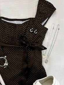 Blusa de mujer con cuello cuadrado y cintura ceñida, de manga corta - Café integral - Ver 3