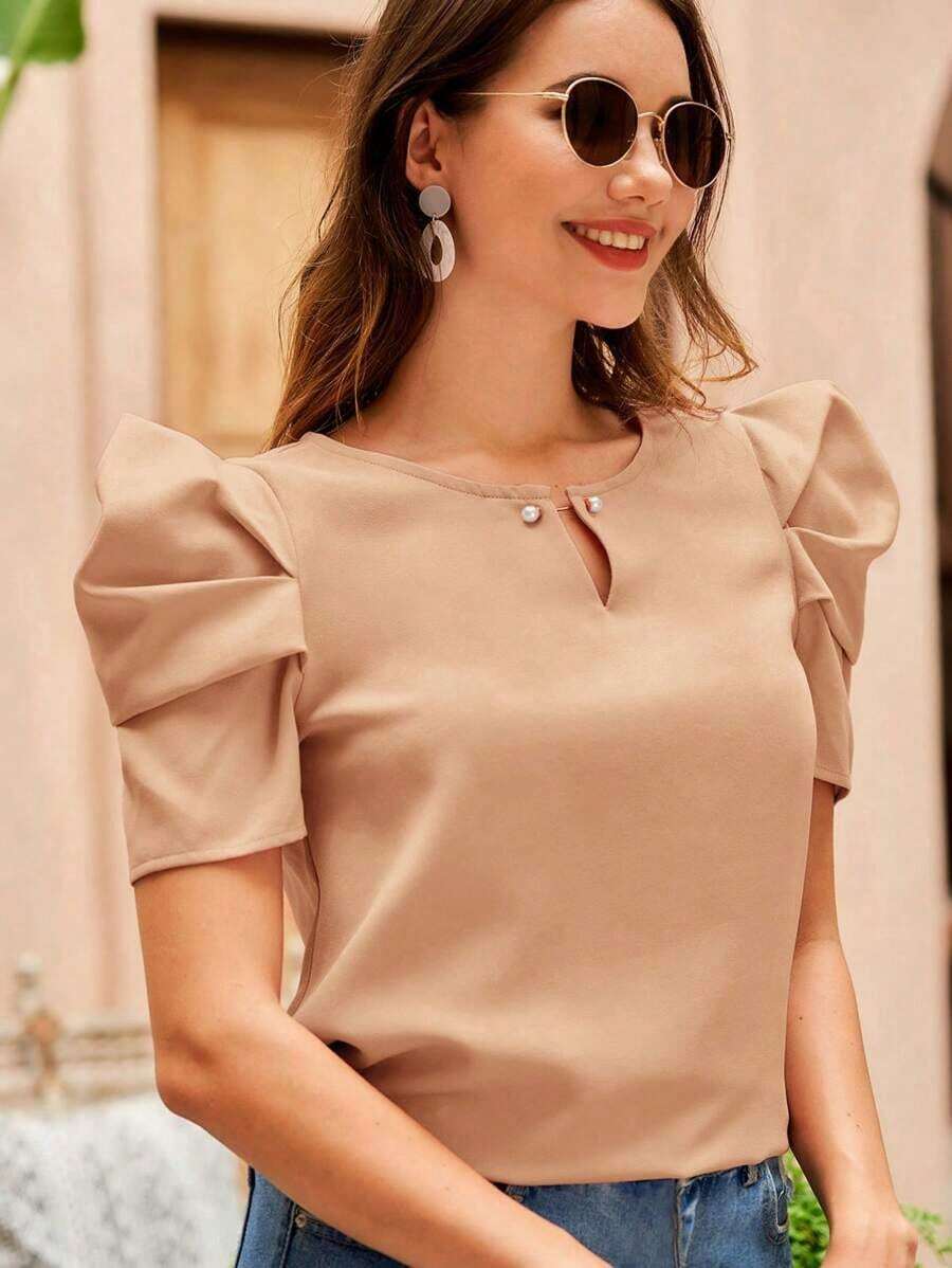 Clasi Blusa de cuello con abertura de ojo de manga farol - Camel - Ver 1