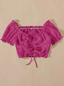 Camisa crop con cordón delantero ribete fruncido - Rosa Fucsia - Ver 3