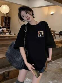 Women's Short-Sleeved, Crew-Neck T-Shirt With A Cat Print. A , Summery Design With A Relaxed Fit. Casual And Comfortable. Recommended By Many People. AARU - 黑色 - 查看 2