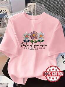TH299 Women's Floral Fashion T-Shirt, 100% Round Neck Short Sleeve, Loose Fit With Drop Shoulders, Sweat-Absorbent And Breathable, Comfortable Casual Home Wear, Suitable As A Base Layer For Autumn/Winter Or Outerwear For Spring/Summer - 羅莎 - 查看 6