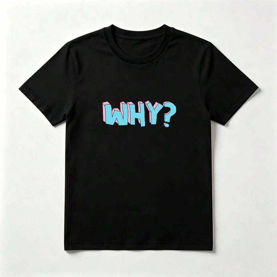 3D Letters Two-Tone Black Cotton T-Shirt Fun Youthful - 黑色 - 查看 1