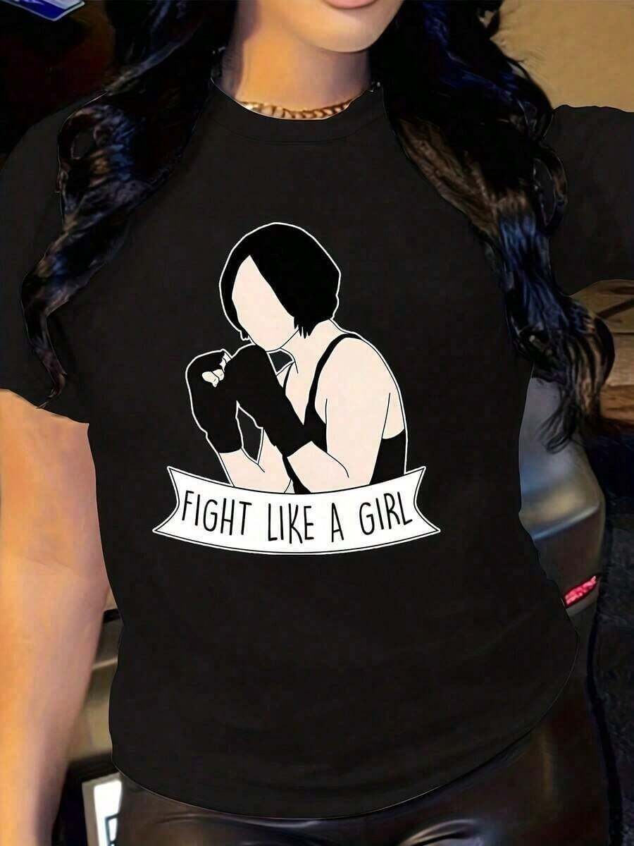 Women's Boxing Graphic Tee - Fight As A Motto - Black Sports T-Shirt, Crew Neck, Short Sleeve For Gym, Casual And Everyday Wear - Non-See-Through Workout Shirt For Female Boxers And Empowered Women, Boxing Fan Apparel, Empowering Statement Shirt, Non-See-Through Fabric - 黑色 - 查看 1