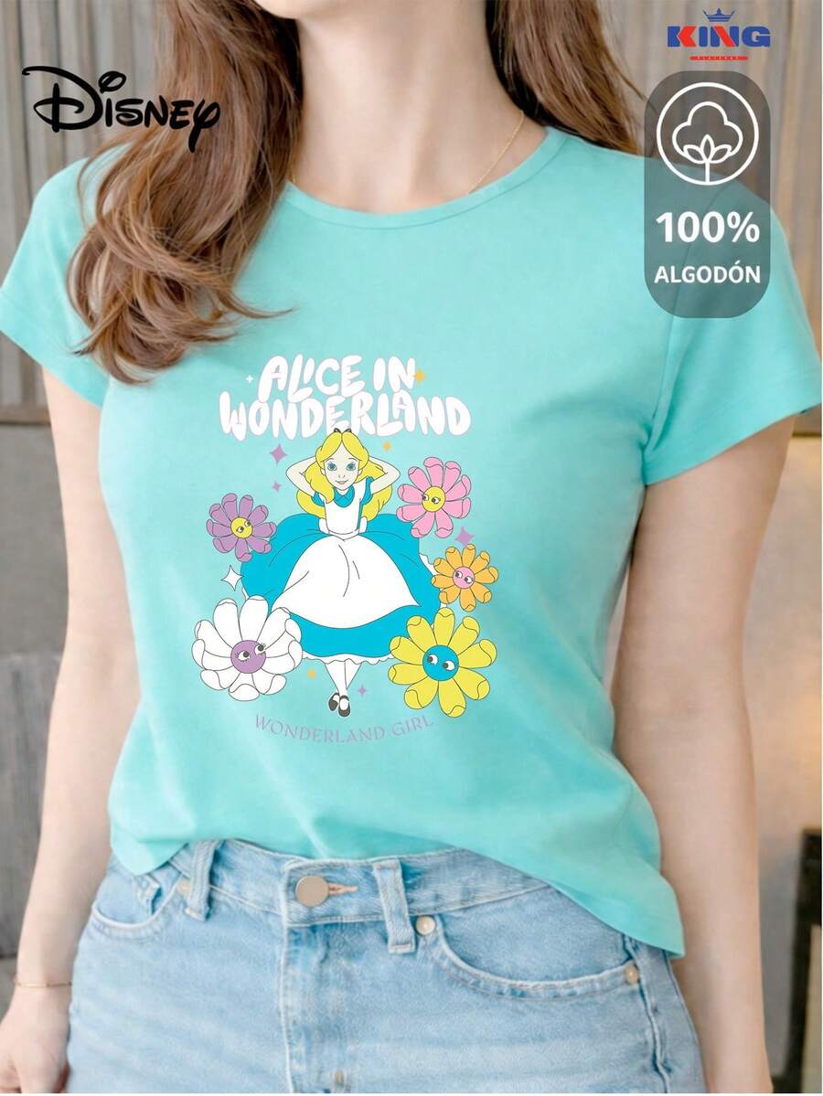 Women's T-Shirt Made Of 100% High-Quality Cotton. This T-Shirt Guarantees Exceptional Softness To The Touch, With A Round Neck, "Disney Alice In Wonderland Girl" Print, And Short Sleeves. - 水 - 查看 1