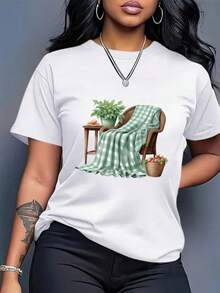 Plus Size, Oversized T-Shirt For Women - Casual Loose Fit T-Shirt For Everyday Wear, Breathable Summer Top For Women, Basic European And American Style T-Shirt For Everyday Wear, Ladies' T-Shirts, Relaxed Outfit, Geometric Print, Lightweight Material, Short Sleeve T-Shirt, For Adults, Suitable For Spring, Summer And Autumn - 白色 - 查看 5