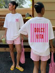 Women's Casual Loose Fit T-Shirt With "Lobster & Lemon" Print, Breathable And Comfortable, Short Sleeve, Round Neck, Summer Green Stripe Print, Soft Cotton, Perfect For Daily Wear And Beach & Street Style. - 白色 5 - 查看 8