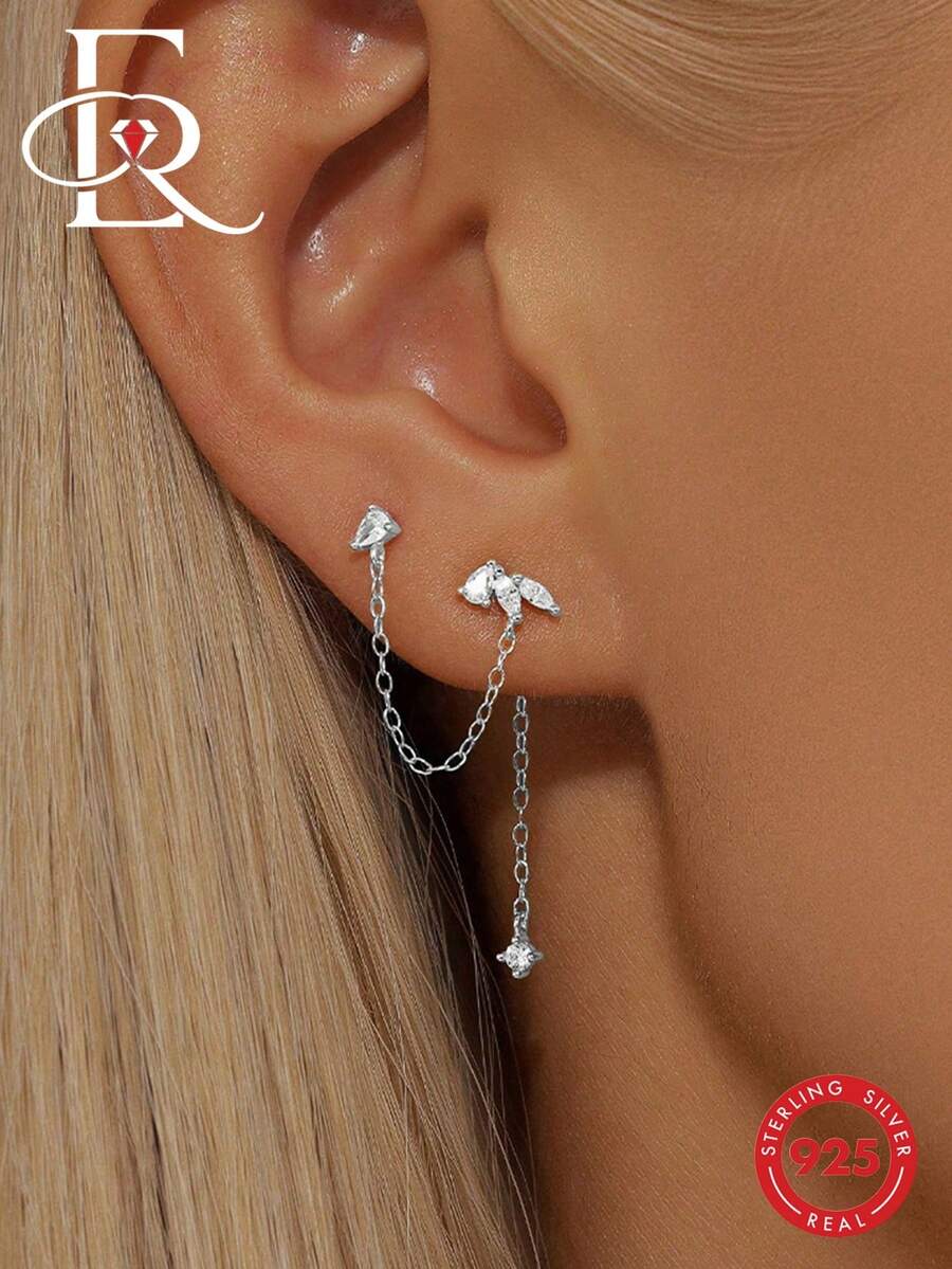 EleRunis 1pc 925 Sterling Silver Rhinestone Long Tassel Cartilage Earring Stud For Women, Daily Wear, Wedding, Valentine's Day Jewelry