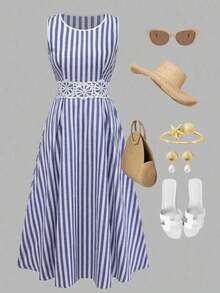 XHEGlowEve Vestido midi de línea A con cintura de parche de rayas azules y blancas de algodón y lino, con recorte de encaje hueco, elegante y encantador para uso diario, vacaciones, citas, moda de calle francesa, retro y versátil para primavera y verano, nuevo diseño sin mangasXHE - Multicolor 5 - Ver 3