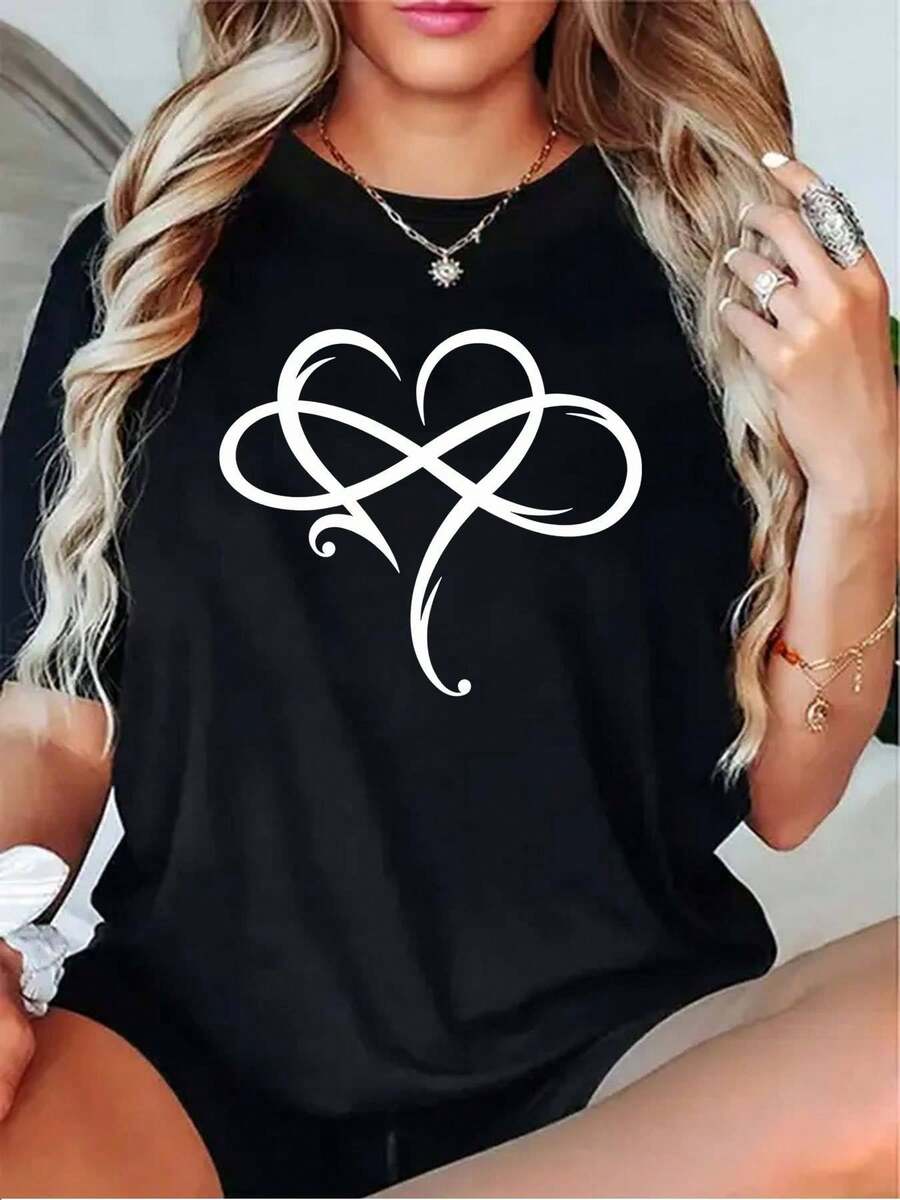 Vintage, Retro, Y2K - Women's Pure Cotton T-Shirt With Infinity Symbol And Endless Loops - Abstract Line Art With Interlocking Curves And Greek Letters - Casual Short Sleeve Crew Neck T-Shirt - Minimalist Top With Greek Key Pattern - Maternity, Summer, Winter - 黑色 - 查看 1