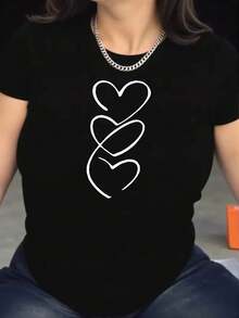 Women's T-Shirt, 100% Cotton, Short-Sleeved T-Shirt With Heart Print For Women, European And American Style - Sporty And Casual, Simple And Athletic, 95% Polyester Fiber, 5% Spandex, 180g, Printed Design, Suitable For All Seasons, Comfortable And Breathable, Fashionable And Versatile, Easy To Match, Elegant And Simple. Plain White T-Shirt - 黑色 - 查看 1