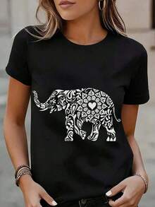 Women's T-Shirts, White Elephant Mandala Print T-Shirt, Casual Short-Sleeved Top For Women, Boho-Style Animal Print T-Shirt For Everyday Wear, Summer Set, Fashion Piece. Blouses For Women. - 黑色 - 查看 7