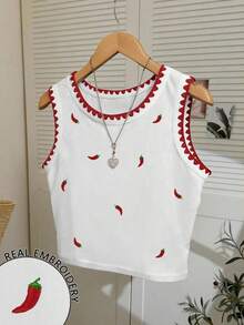 Camisola para Mujer  con Diseño Bordado de Pimiento, Top sin Mangas con Ribete de Concha a la Moda - Multicolor 2 - Ver 6