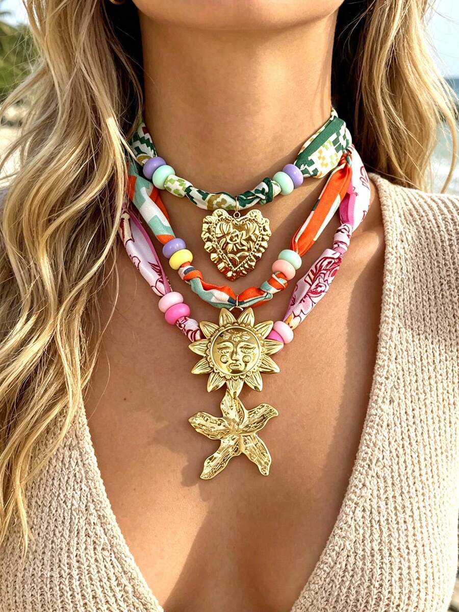 1pc Bohemian Ocean Style Creative Fashion Necklace, Elegant, Exquisite, Luxurious, Charming, Sweet And Bold Design, With Titanium Steel Starfish, Heart, Flower, Cross, Sun And Beaded Print. This Fashion Scarf-Style Necklace Is Perfect As A Graduation Ball Or Party Gift For Women, Sisters Or Couples. Ideal For Valentine's Day, Daily Wear, Dating, Parties, Holidays, Gifts, Summer, Beach And Vacation. - Multicolor - View 1