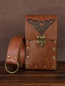 2PCS Set Medieval Viking Leather Belt Pouch Set, Renaissance Celtic Knot Embossed Waist Bag With Wide Belt, LARP Cosplay Costume Accessory For Renaissance Market, Medieval & Viking Outfits - A - View 5