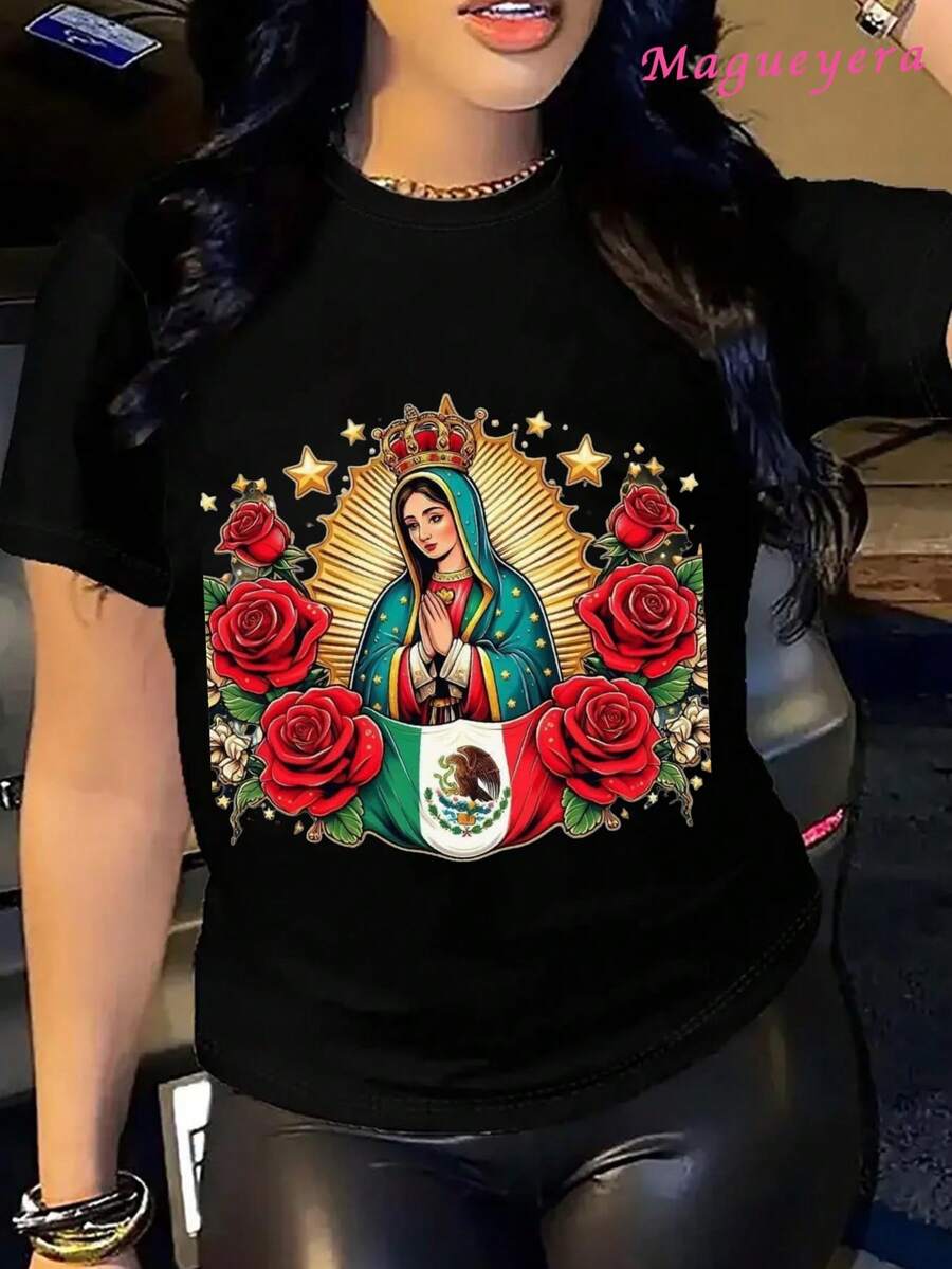Oversize Extra grande MGY Camiseta de algodón suave para mujeres con diseño mexicano de rosas de la Virgen de Guadalupe. Regalo ideal para fiel y a la moda. Camiseta de Moda de Manga Corta y Cuello Redondo, Casual Perfecta para Todas las Estaciones, S M L XL - Negro - Ver 1