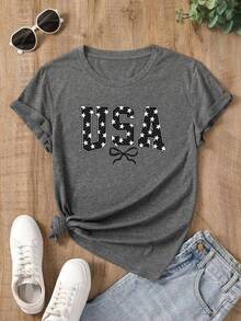 Women's Oversized Grey Summer 2026 T-Shirt With Shiny Black Rhinestone Bow. Oversized Grey T-Shirt With Shiny Bow, Ideal For Casual And Evening Outfits. - YH599-灰色 - 查看 2