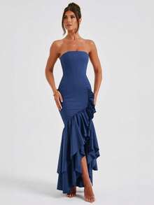 Sleeveless Knit Maxi Dress With Ruffles, Elegant And Sensual Bustier Spring Summer Fashion - Blue - View 7
