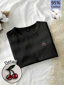 1 pieza Camiseta Ajustada de Color Sólido 95% Algodón, Estampado de Gato Adorable - Negro - Ver 5