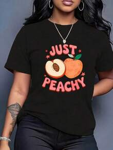 Camiseta de Cuello Redondo con Estampado Divertido "Just Peachy", Camiseta Gráfica Divertida para Mujer, Top Casual de Verano con Diseño de Melocotón, Camiseta con Estampado de Fruta para Niñas y Mujeres, Ideal para Regalos de Vacaciones. - Negro - Ver 6