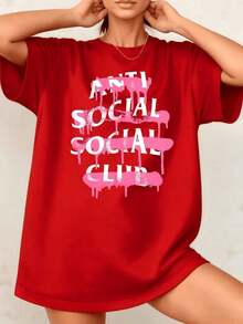 Camiseta de Mujer con Estampado Gráfico Anti Social para Clubbing, 100% Algodón, Cuello Redondo, Corte Holgado, 1 Pieza. Son Excelentes Regalos para Amigos y Familiares, Estilo Casual. - Rojo - Ver 1